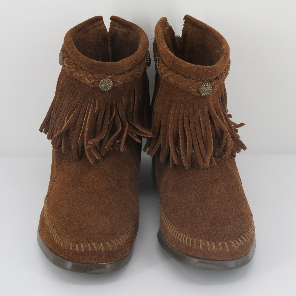Minnetonka Zip Fringe Boot Moccasin Brown Womens Sz 8 Boho Sleaze Western Nomad